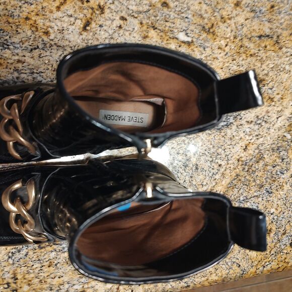 Steve Madden Loreen Black Patent Chunky Heel Gold Chain Mid Calf Boot Sz 8.5M - Picture 11 of 12